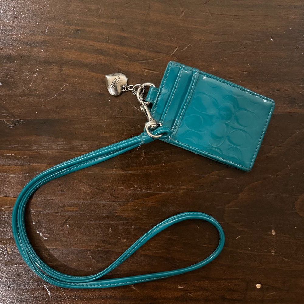 Coach Patent Leather Teal Wristlet Card Holder